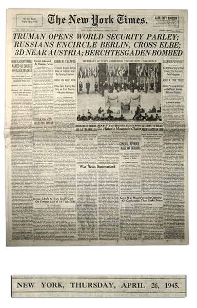 WWII ''The New York Times'' Newspaper From 26 April 1945 -- Reporting Final Overthrow of The Reich & Establishment of the United Nations